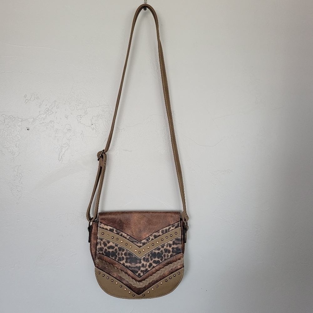 Catchfly Studio Crossbody Saddle Bag Western Metallic Brown Leopard Purse Light